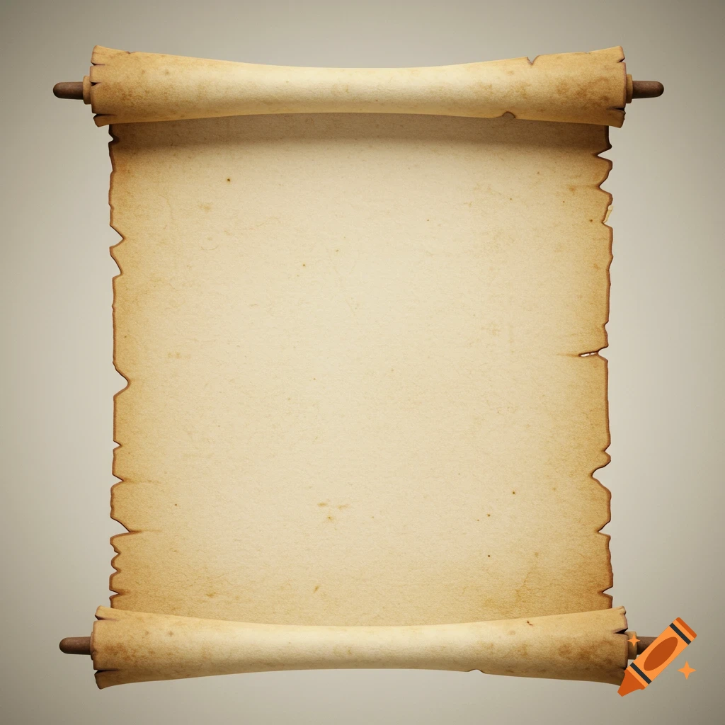 An ancient blank parchment scroll with ragged edges, rolled at the top and bottom, on a light background.