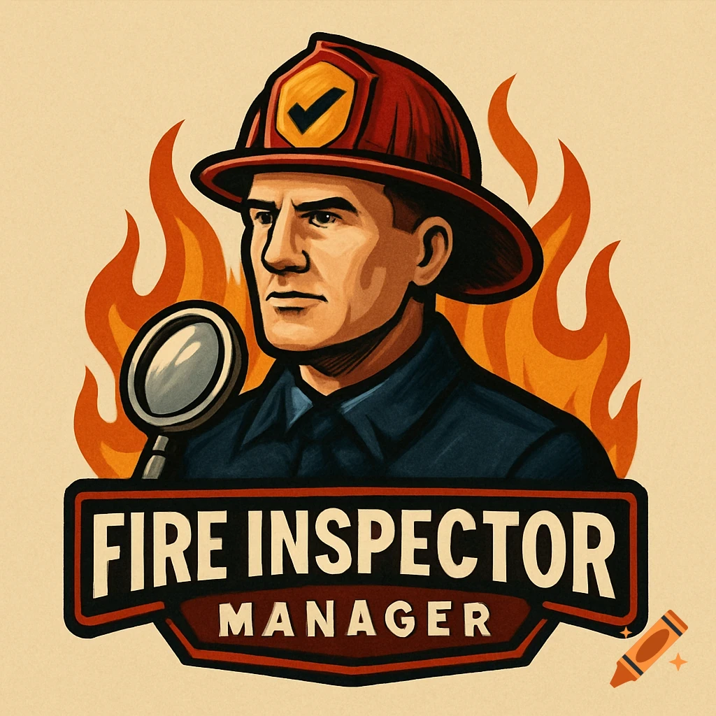 Stylized logo of a male fire inspector in a helmet with a magnifying glass and flames. Text: 'FIRE INSPECTOR MANAGER'.