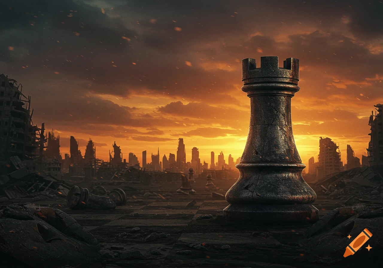 A colossal chess rook stands amidst the ruins of a destroyed city under a fiery orange apocalyptic sky.