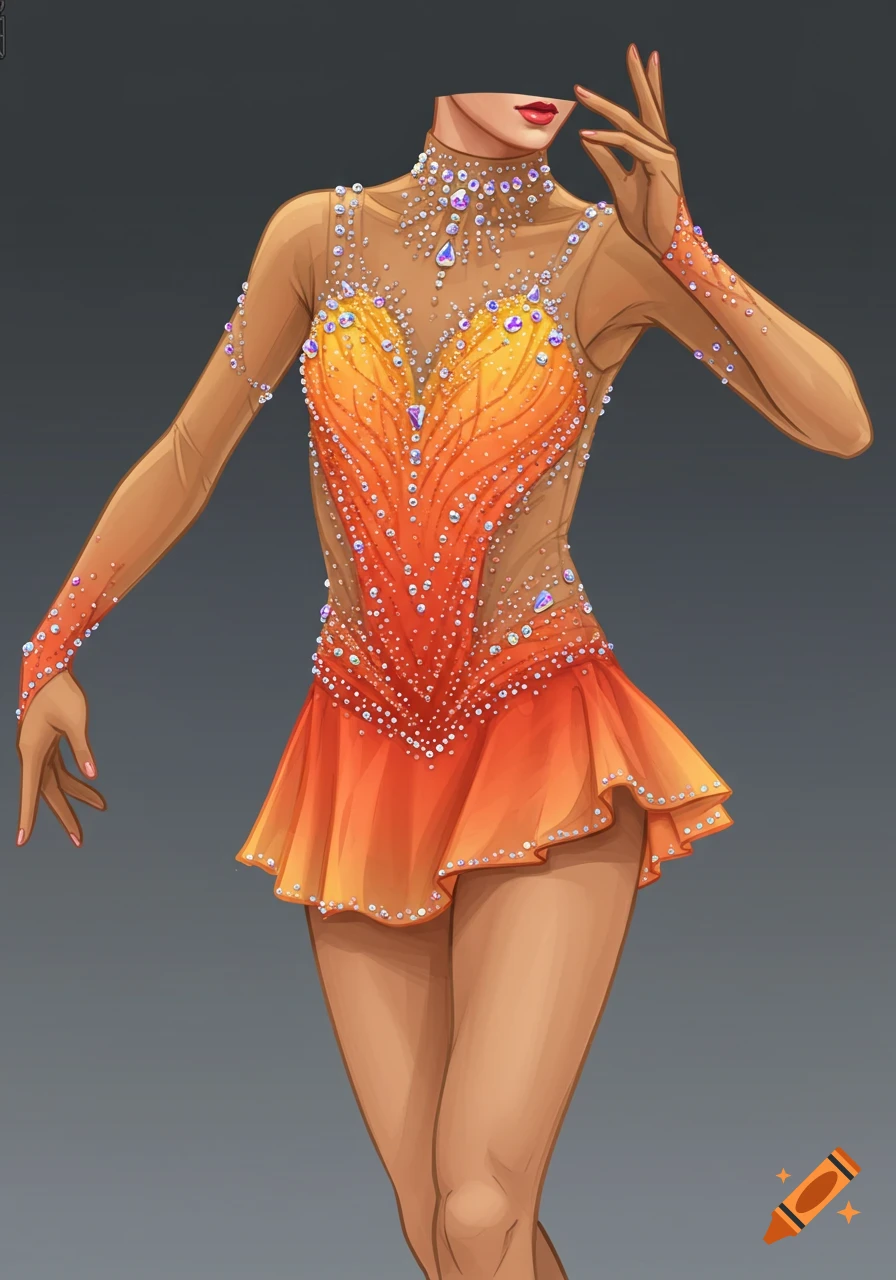 A vibrant orange and yellow figure skating dress with intricate rhinestone embellishments, mesh sleeves, and a short skirt.