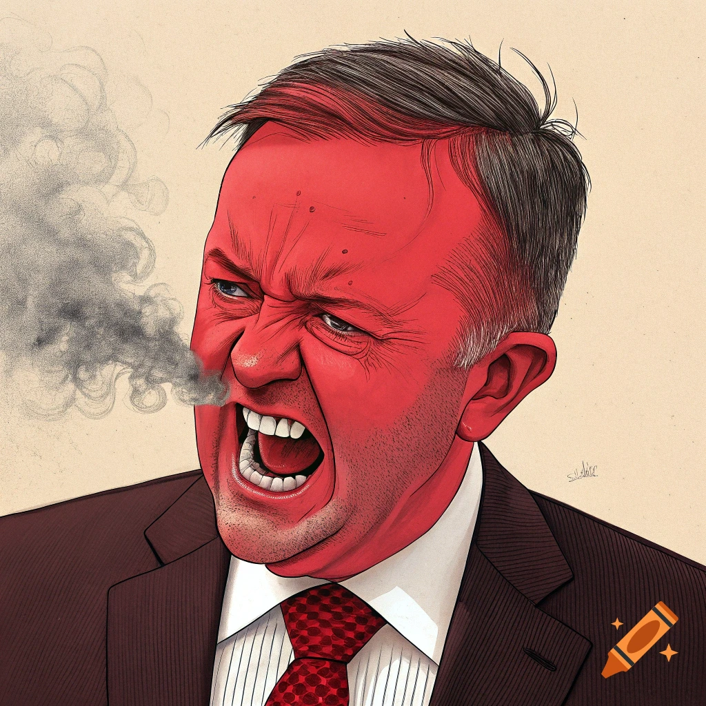 A caricatured illustration of an angry man with a red face and smoke coming from his nose, wearing a suit.