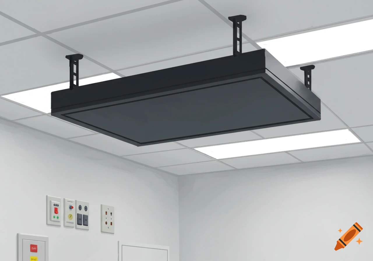 A dark rectangular box suspended from a white drop ceiling, with several electrical and medical gas wall plates on the white wall below.