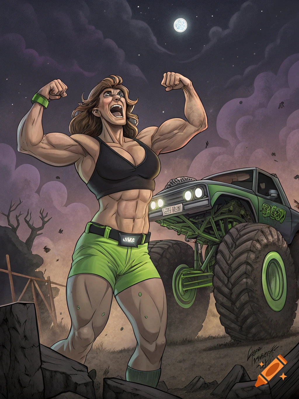 A muscular female bodybuilder with brown hair flexes her biceps in a black sports bra and neon green shorts, laughing proudly in front of a green monster truck under a full moon night sky in a comic book art style.