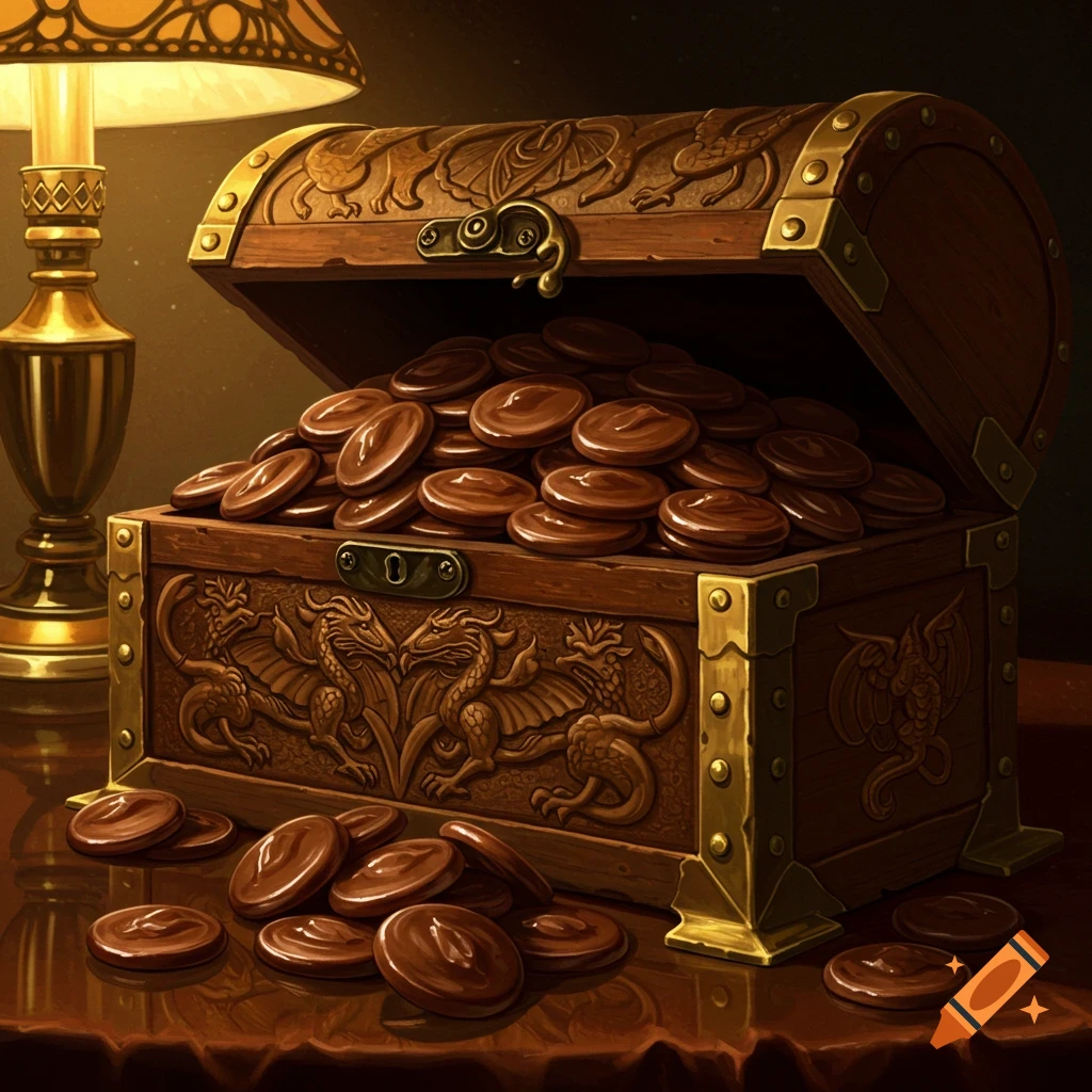An ornate wooden treasure chest overflowing with chocolate coins, lit by a warm lamp.