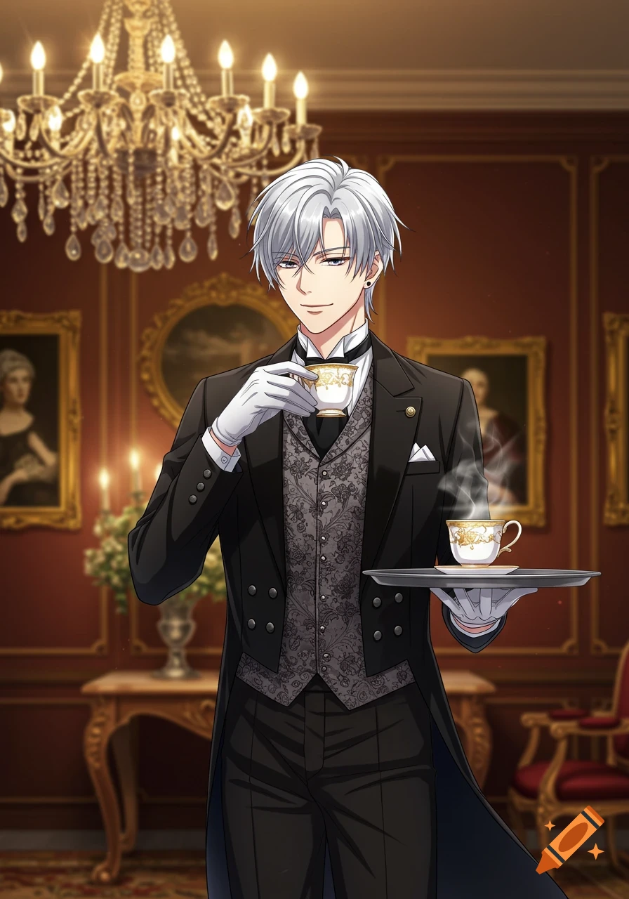 Anime-style butler with silver hair holding a teacup and tray in an elegant room.