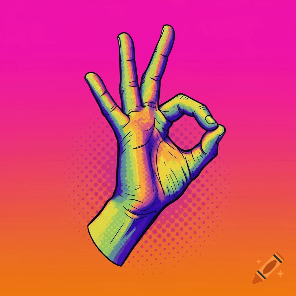 A vibrant, colorful pop art illustration of a hand making an "Ok" sign against a pink and orange gradient background.