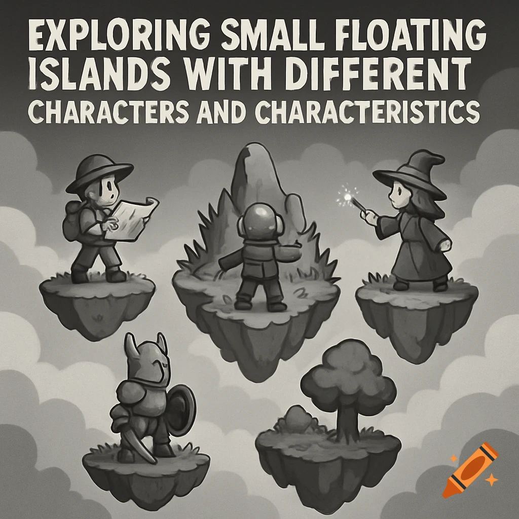 Monochrome game art of various characters on floating islands, including a wizard, knight, explorer, astronaut, and a tree island.
