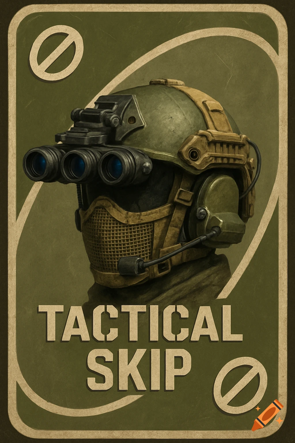 A green and tan Uno card featuring a tactical helmet with night vision goggles, bearing the text 'TACTICAL SKIP'.