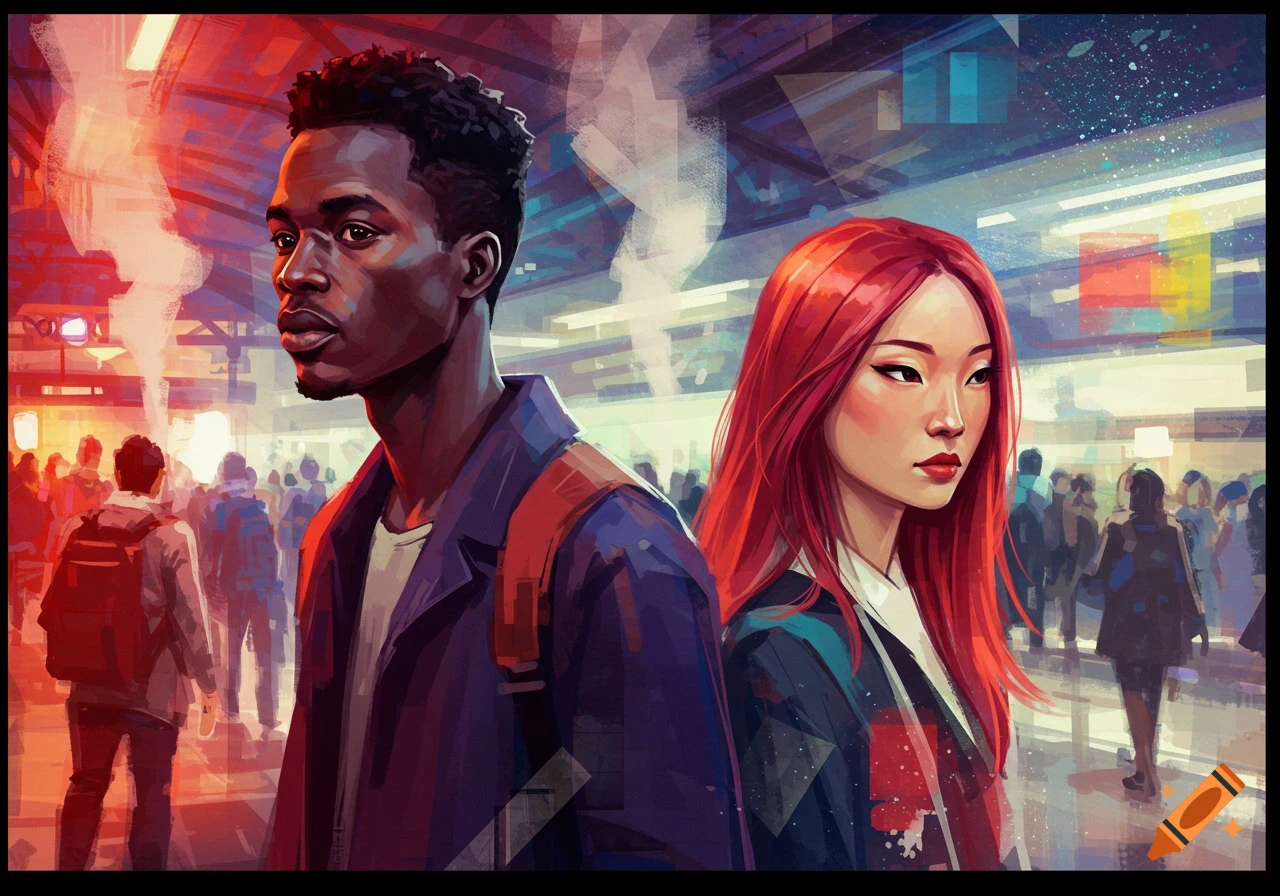 Abstract digital illustration of a Black man and an Asian woman standing in a busy, colorful train station.