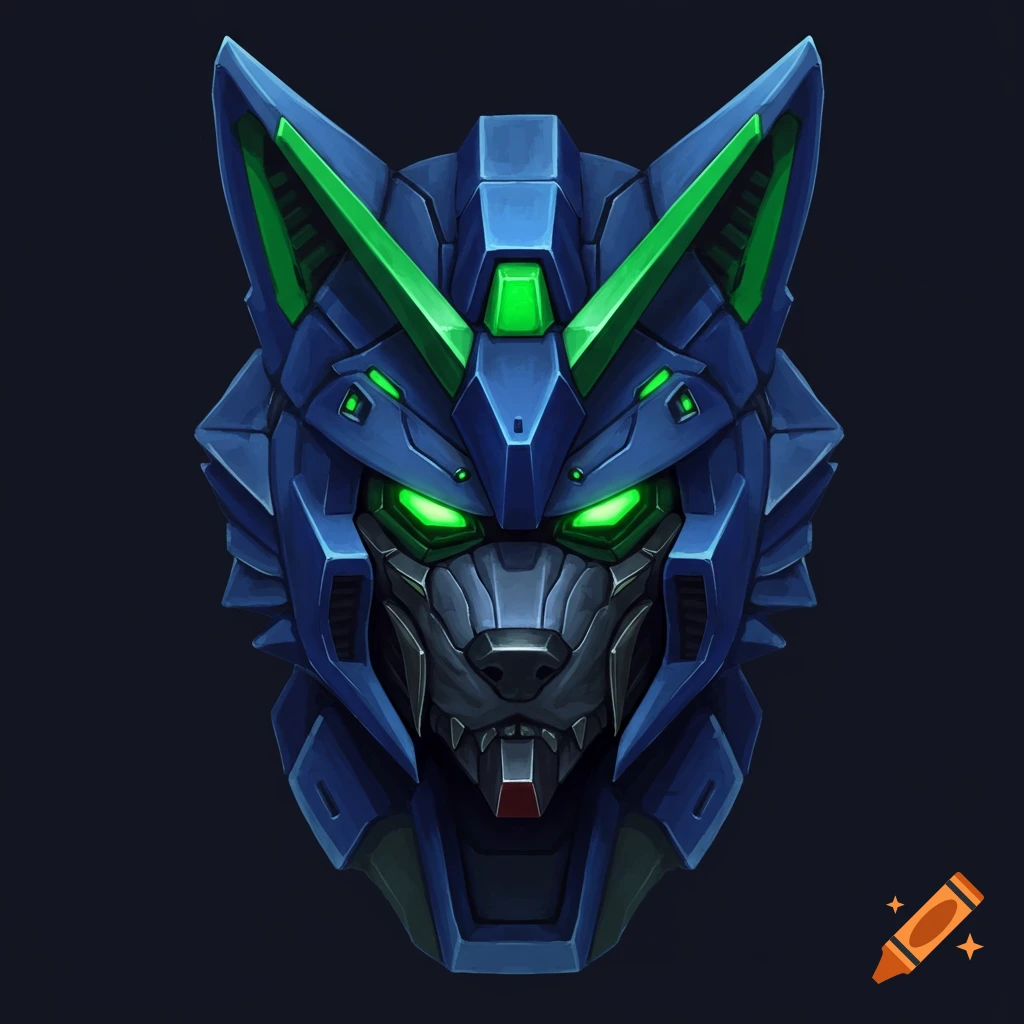 A highly stylized blue and green robotic wolf head with glowing green eyes and angular panels.