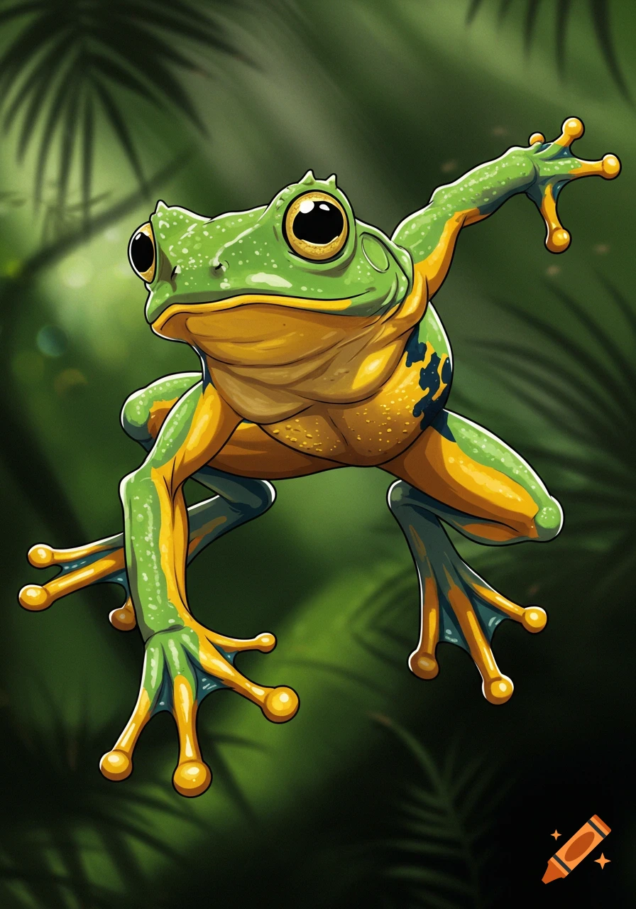 A vibrant, cartoon-style green and yellow tree frog with large eyes in a dynamic pose against a dark jungle background.