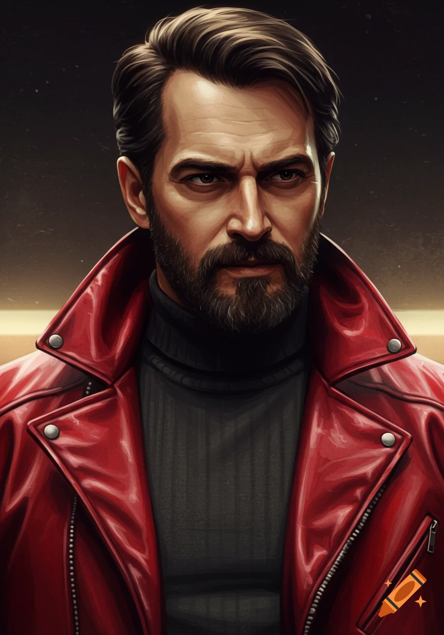 A serious man with dark hair and a beard wearing a black turtleneck and a shiny red leather jacket.
