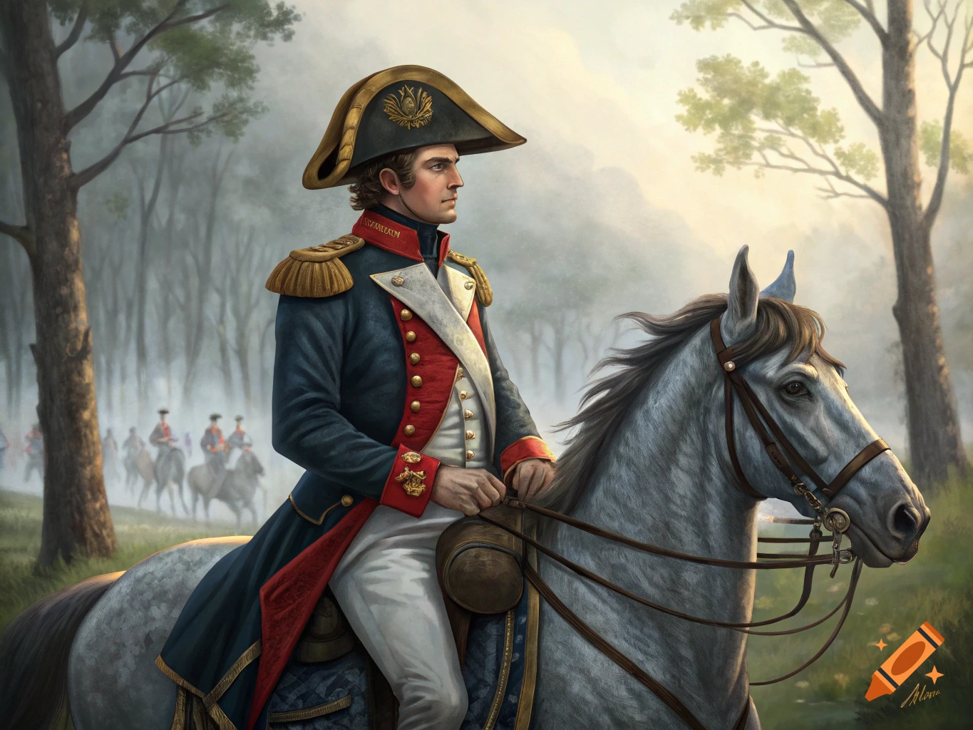 A man in a blue and red Napoleonic military uniform rides a grey horse through a misty forest, in a painted art style.