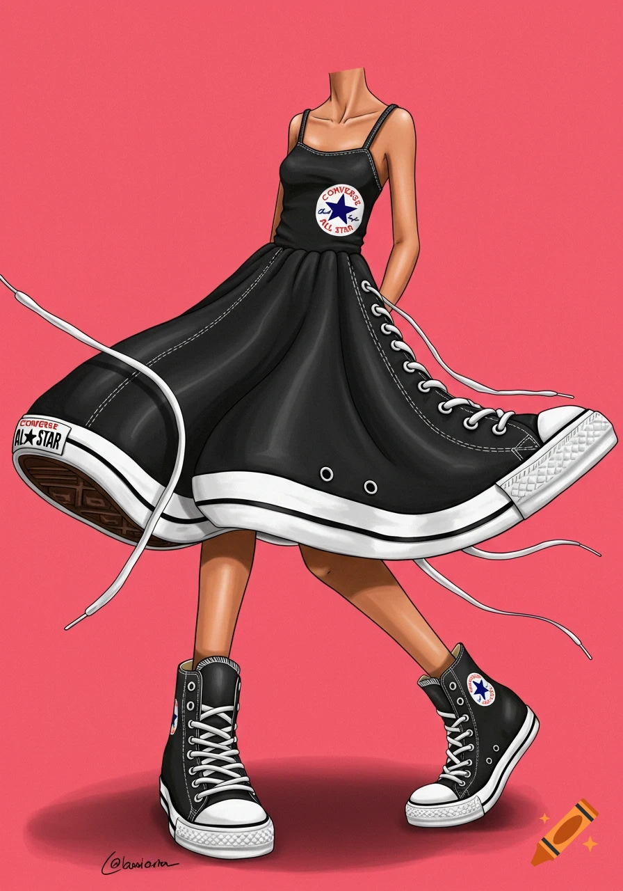 An illustration of a headless figure wearing a black dress designed as a  large Converse shoe, with actual Converse sneakers, on a pink background.  on Craiyon