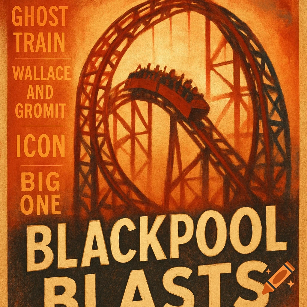 A vintage-style poster in orange tones, featuring a dark silhouette of a roller coaster loop with a train full of riders. Text reads "BLACKPOOL BLASTS" at the bottom and "GHOST TRAIN", "WALLACE AND GROMIT", "ICON", "BIG ONE" along the left side.