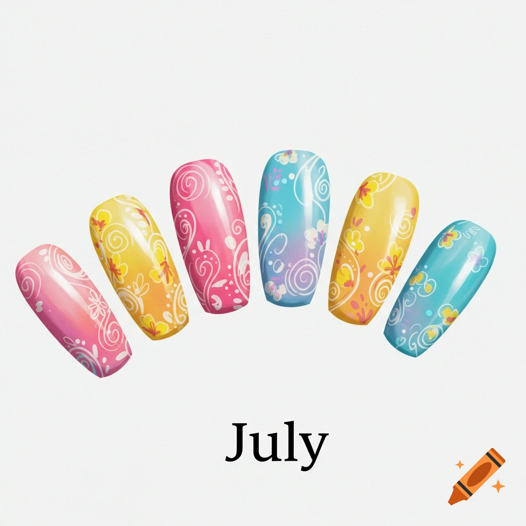 Six colorful artificial nails with white floral patterns and 'July' text below them.