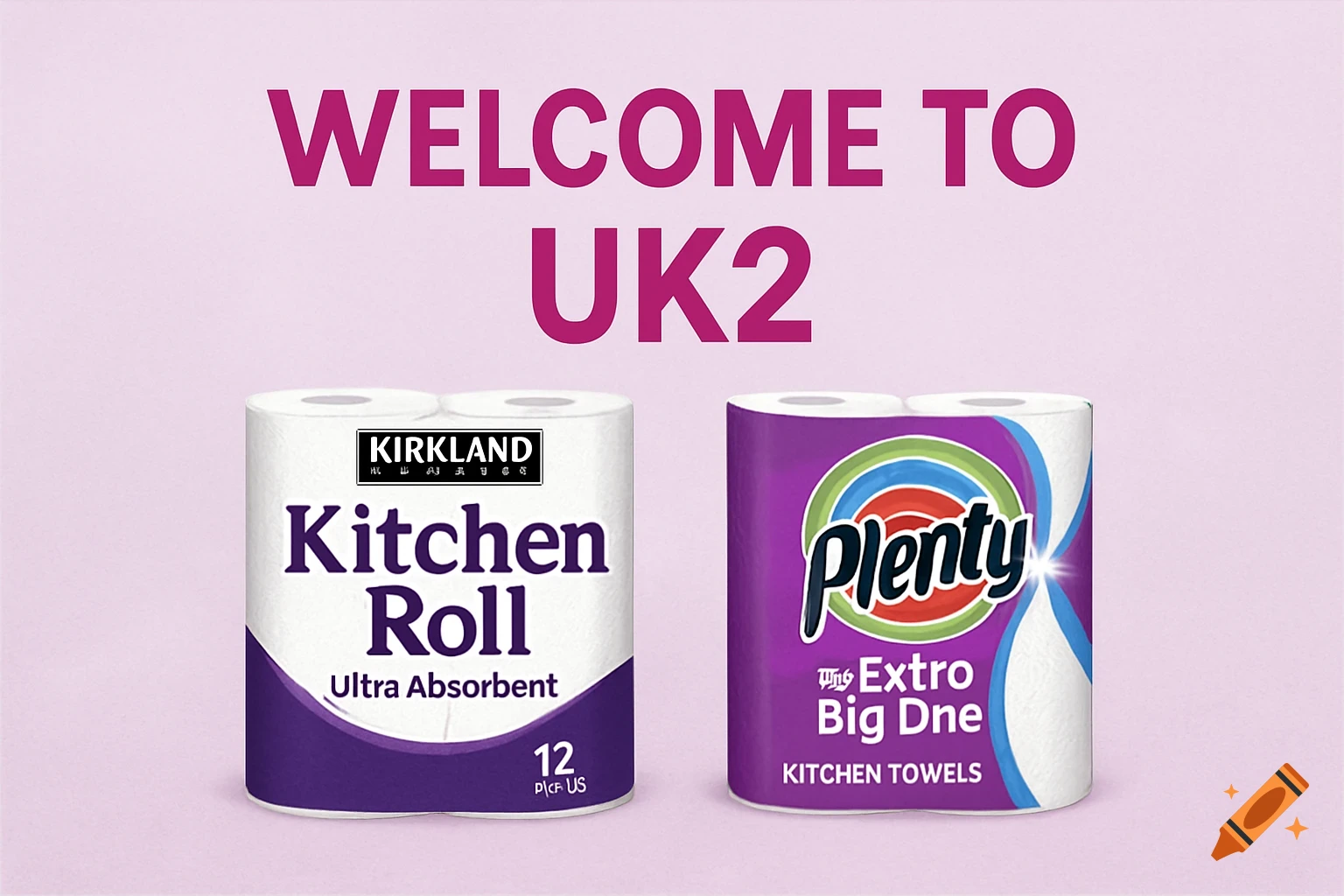 A welcome screen with pink text 'WELCOME TO UK2' above two kitchen roll packs: a Kirkland brand 'Kitchen Roll Ultra Absorbent' and a Plenty brand 'Extro Big Dne Kitchen Towels'.