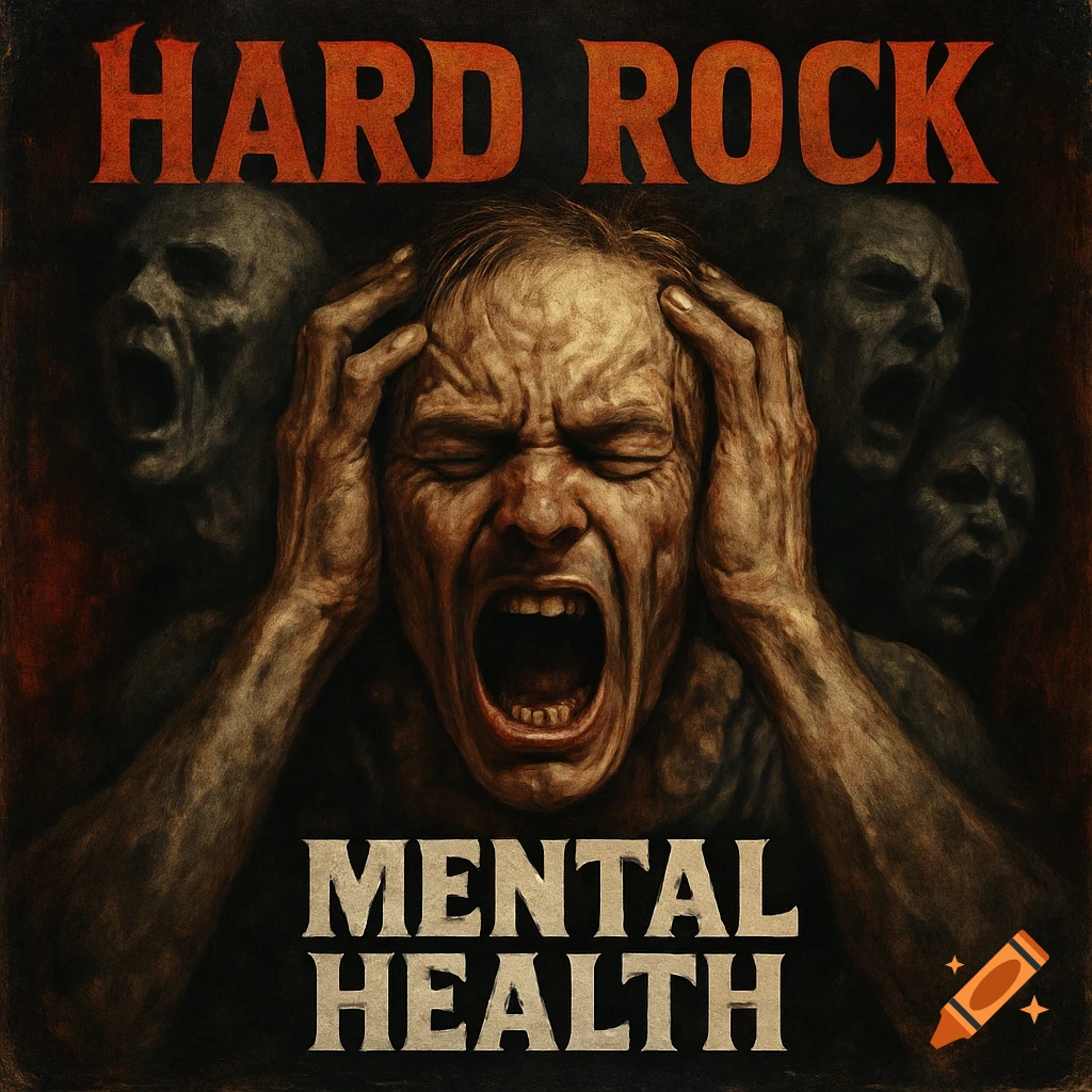 Dark, gritty illustration of a person screaming and clutching their head, surrounded by spectral figures. Text: 'HARD ROCK' and 'MENTAL HEALTH'.