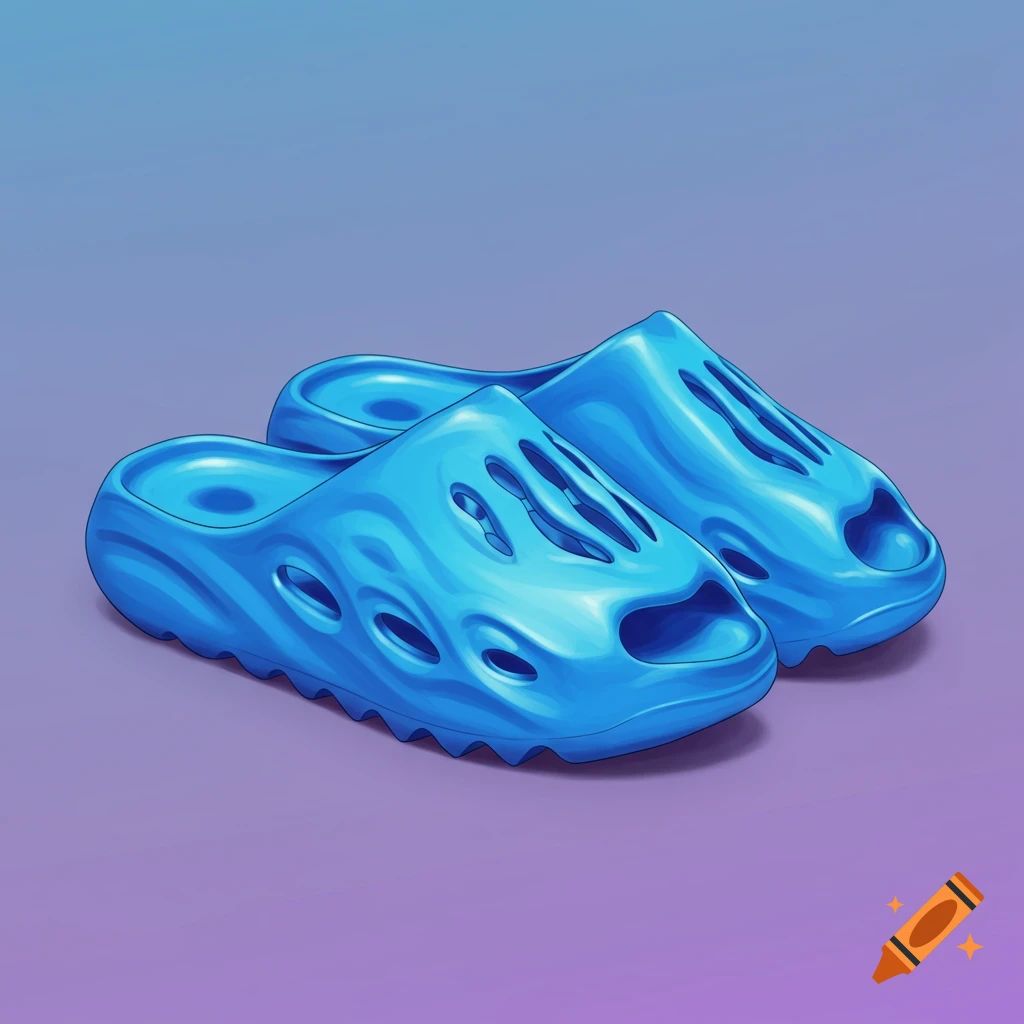 A pair of bright blue Yeezy slides with a textured surface, set against a gradient purple and blue background.