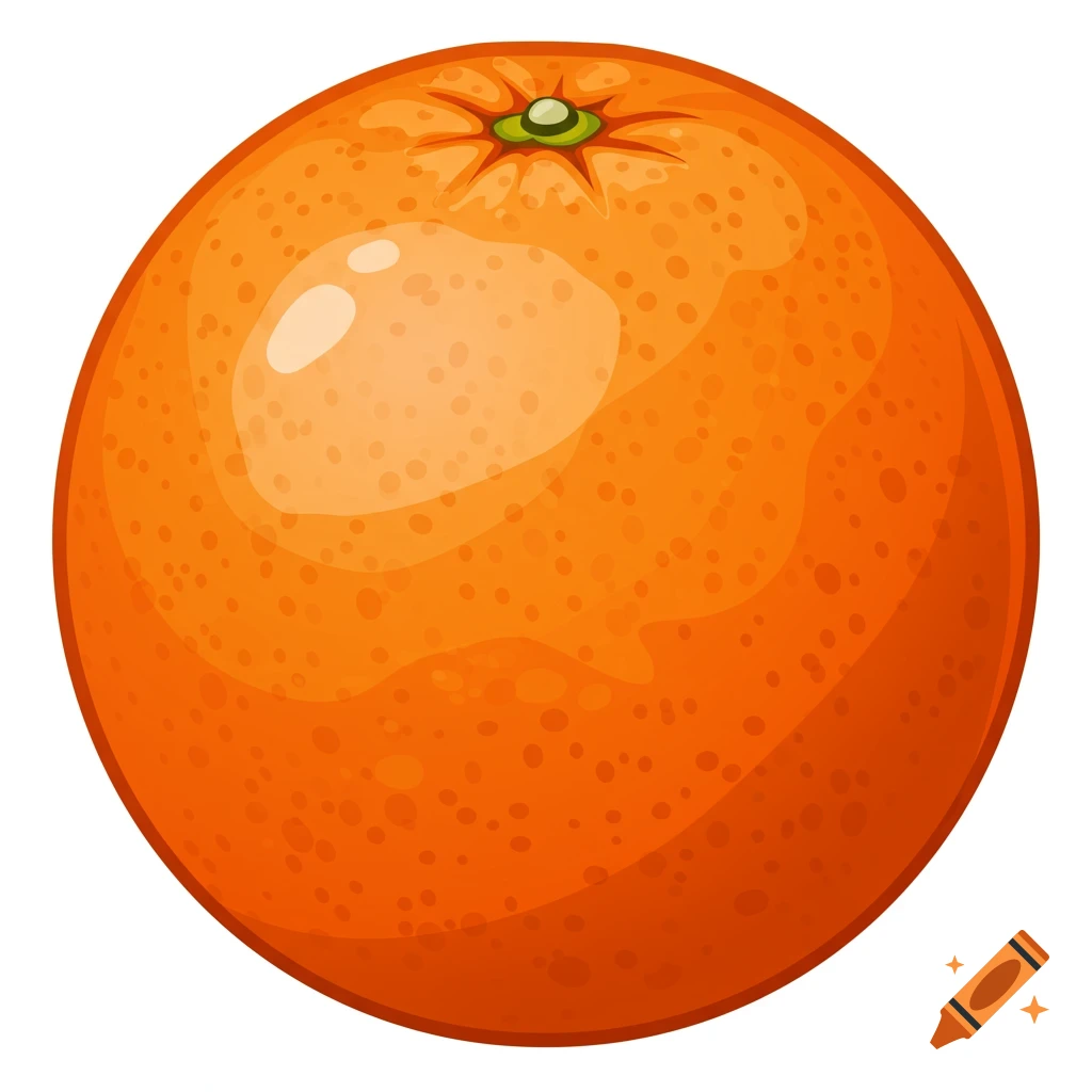 A close-up illustration of a single vibrant orange with a small green stem.