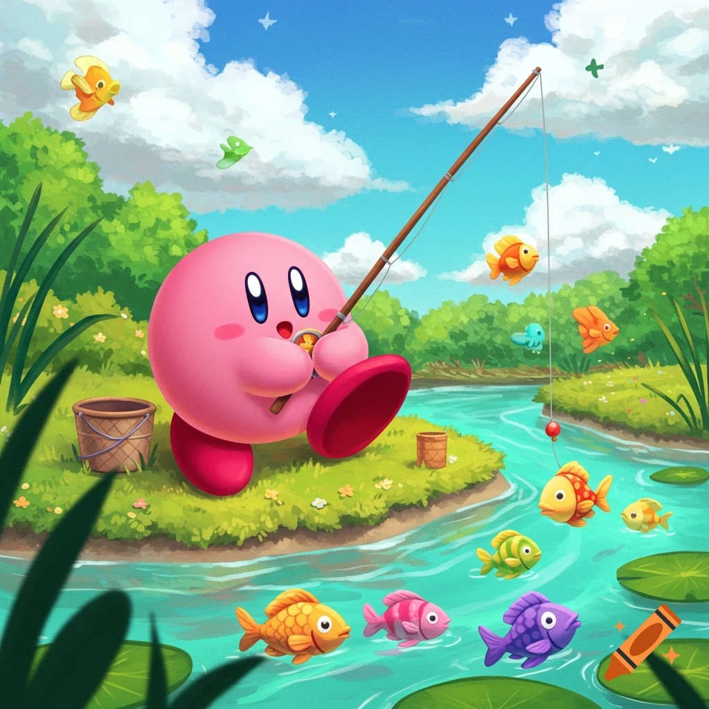 Kirby, the pink character, sits by a bright blue river, fishing amongst colorful fish and green foliage under a sunny sky.