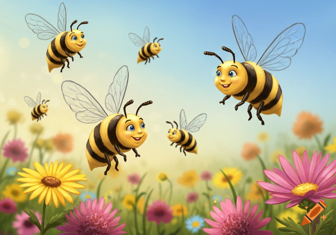 Happy cartoon bees flying above a field of colorful flowers under a blue sky.