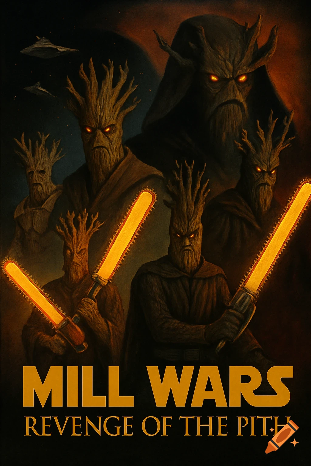 A movie poster parody titled "Mill Wars: Revenge of the Pith" featuring humanoid tree creatures with glowing chainsaws.