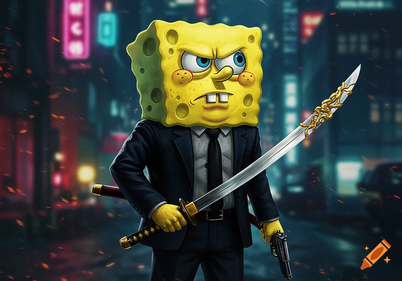 Spongebob Squarepants dressed in a suit like John Wick, holding a katana and a pistol, in a dark, neon-lit city.