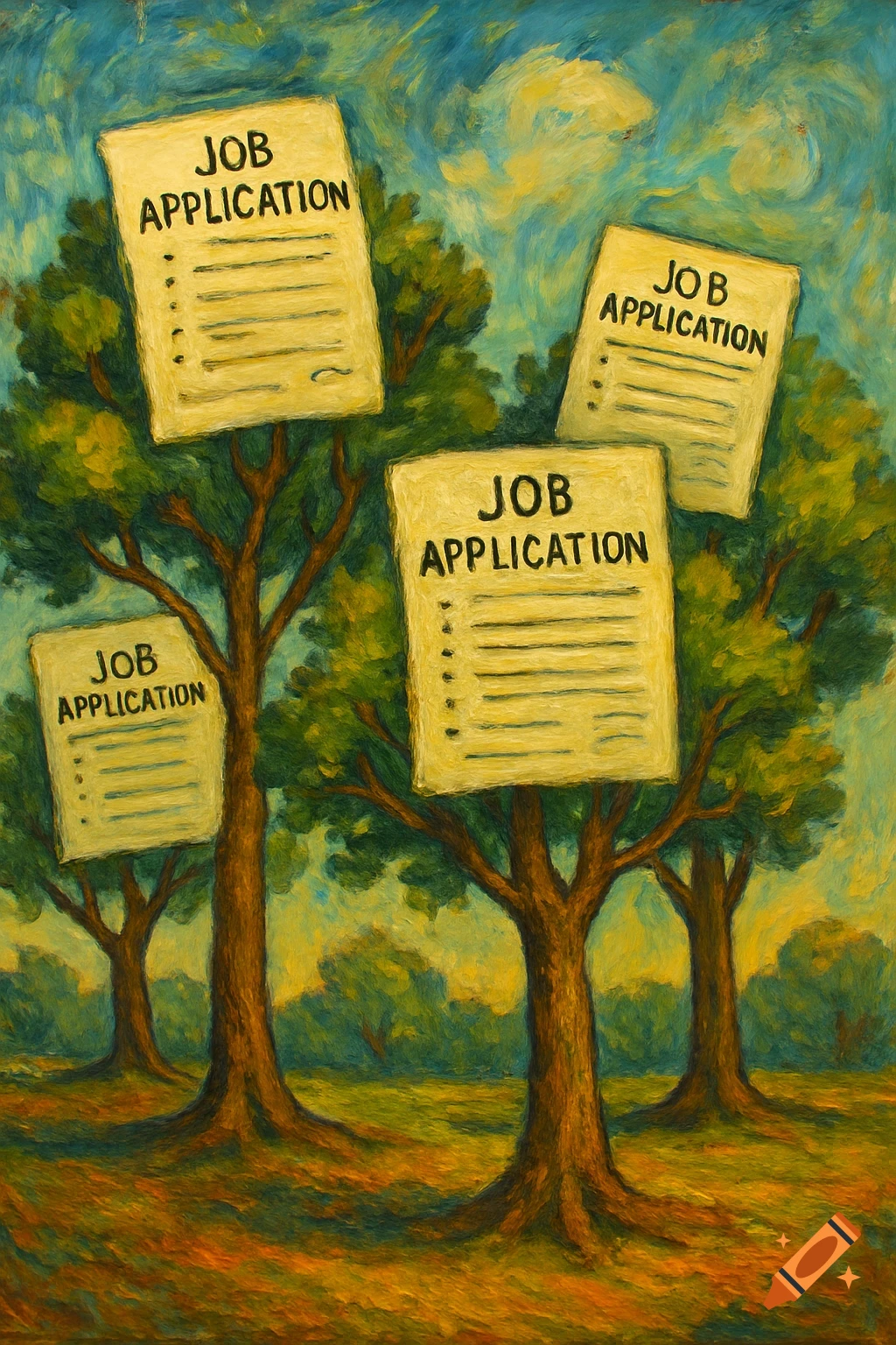 An oil painting depicting trees with 'JOB APPLICATION' forms hanging from their branches, against a cloudy sky.