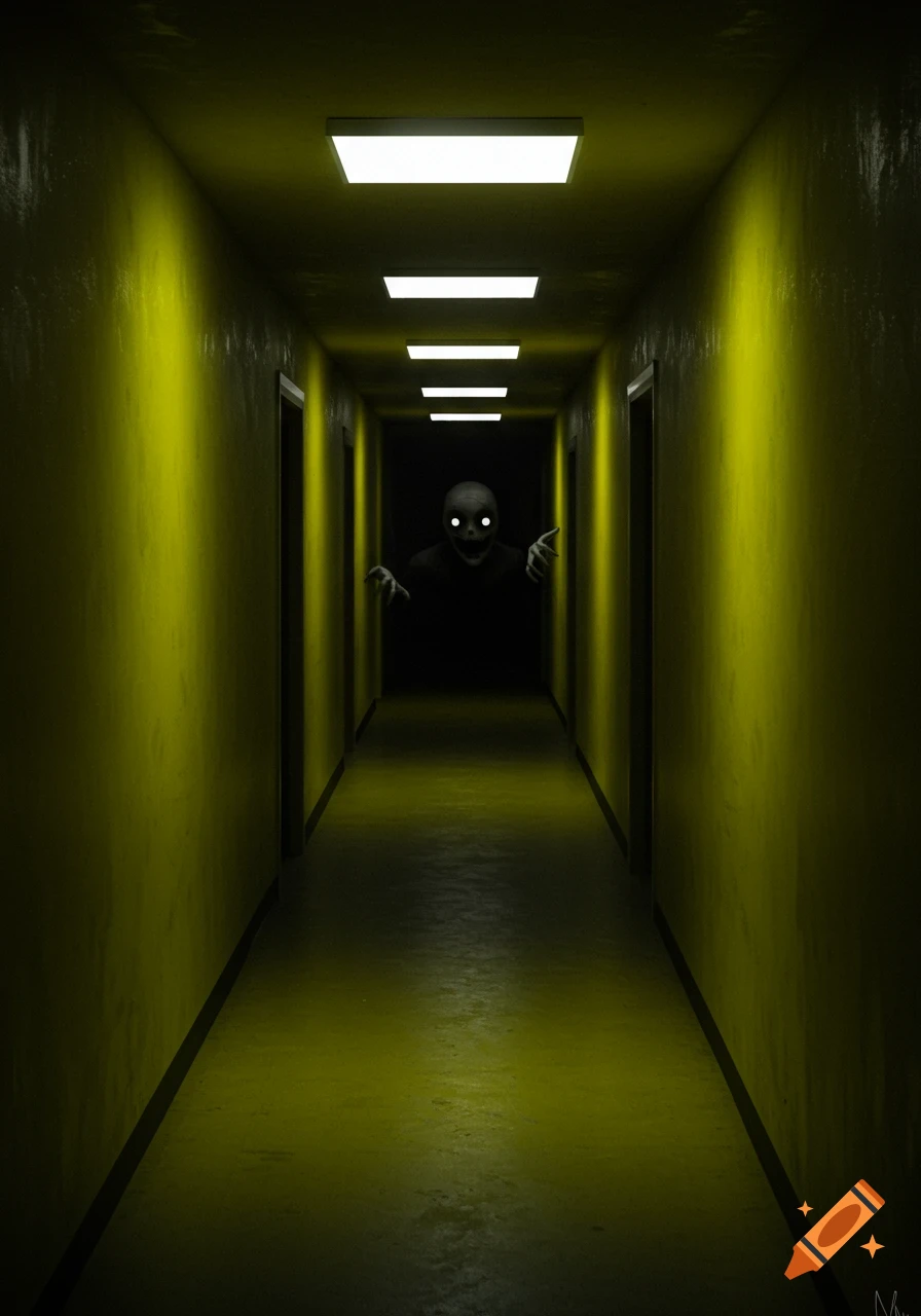 A terrifying creature with glowing eyes and long fingers peeks from the darkness at the end of a long, yellow-lit hallway.