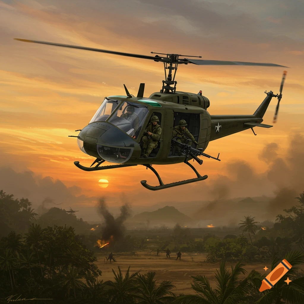 A military helicopter with armed soldiers flies over a jungle landscape at sunset, with distant explosions and ground troops.