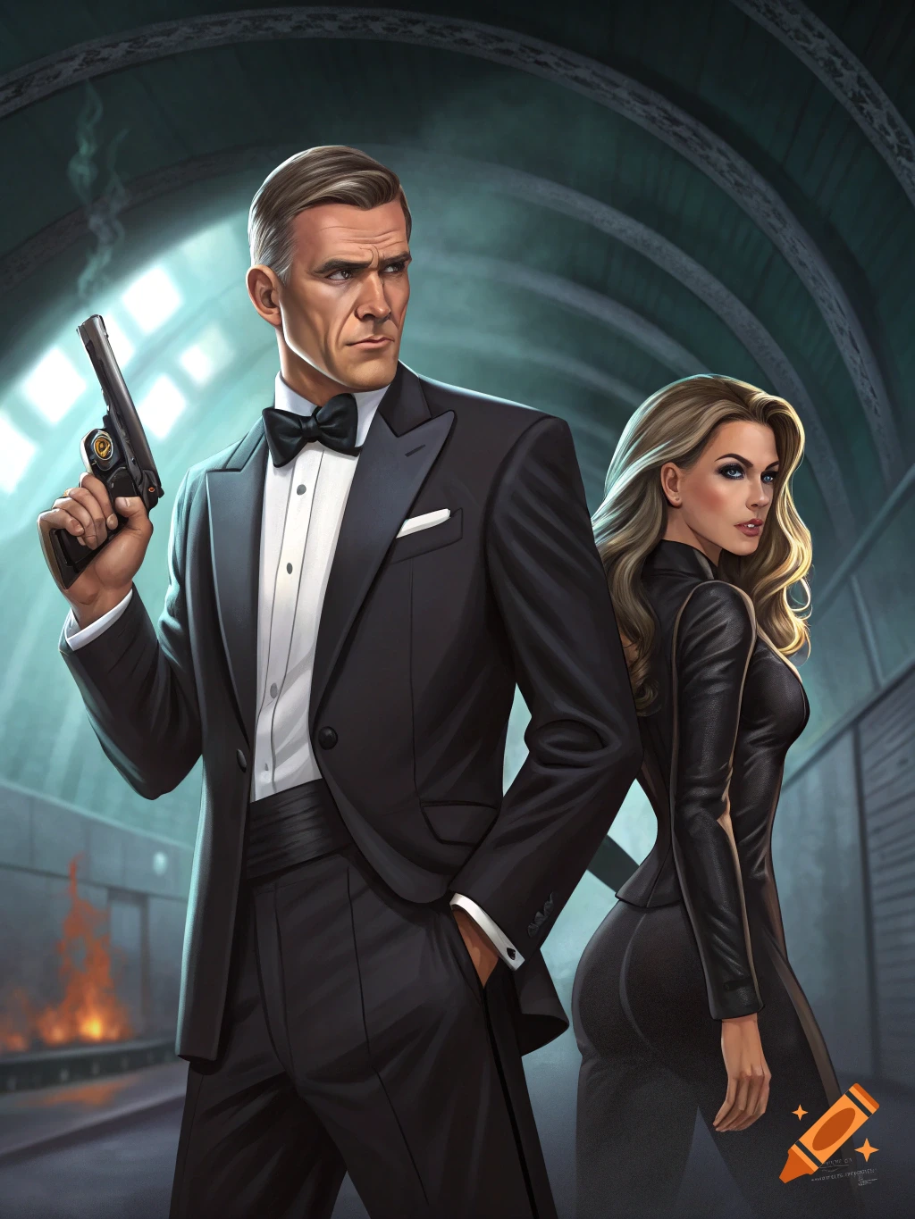 An illustrated man in a tuxedo holding a pistol and a woman in a black suit standing in a dark, vaulted tunnel.