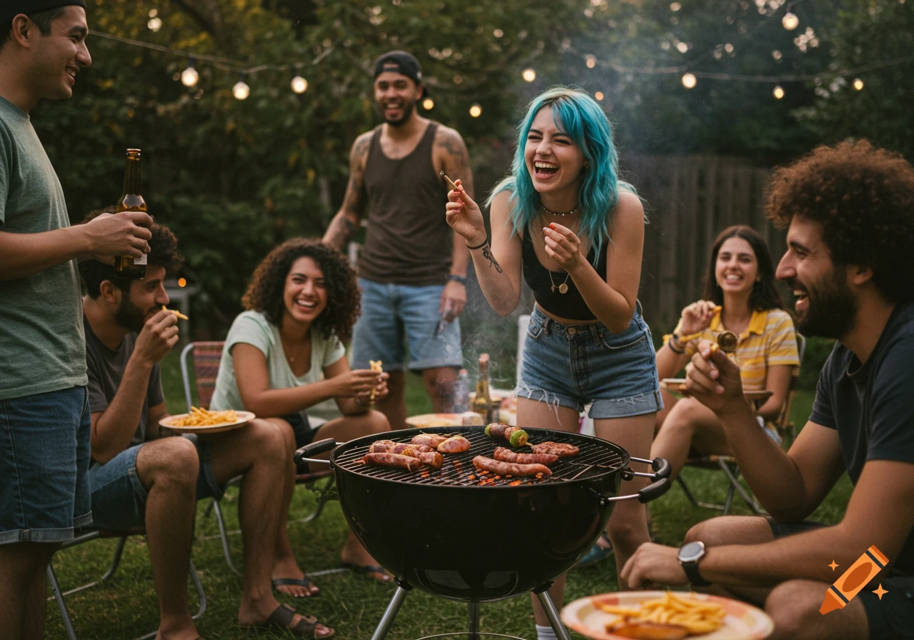A diverse group of friends laughing and enjoying a backyard BBQ, with some grilling meat and others eating fries.