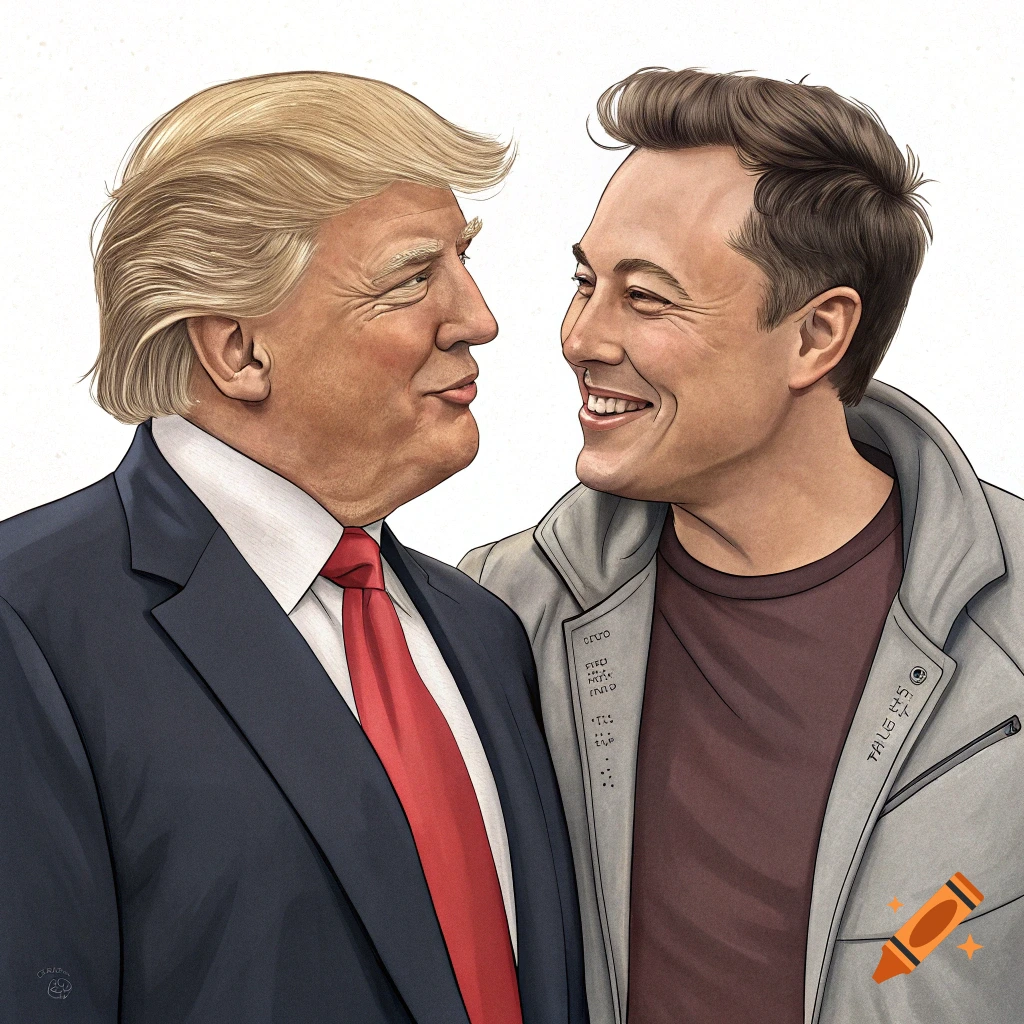 Illustration of Donald Trump in a suit and red tie smiling at Elon Musk, who smiles back in a jacket and t-shirt.