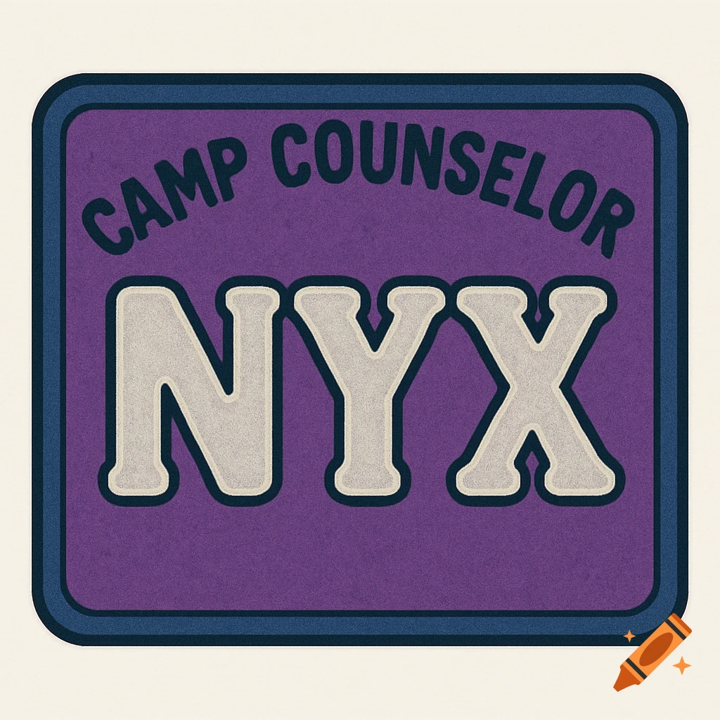 Purple and blue rectangular badge with 'CAMP COUNSELOR' and 'NYX' in light grey bubble letters, featuring a subtle texture.