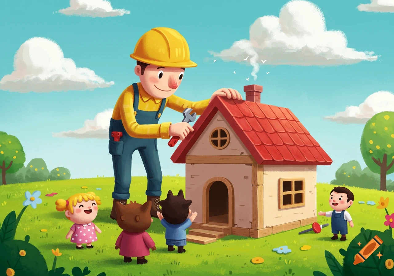 A man in a yellow hard hat and overalls helps three small children build a red-roofed house in a sunny, green field under a blue sky, in a vibrant cartoon style.