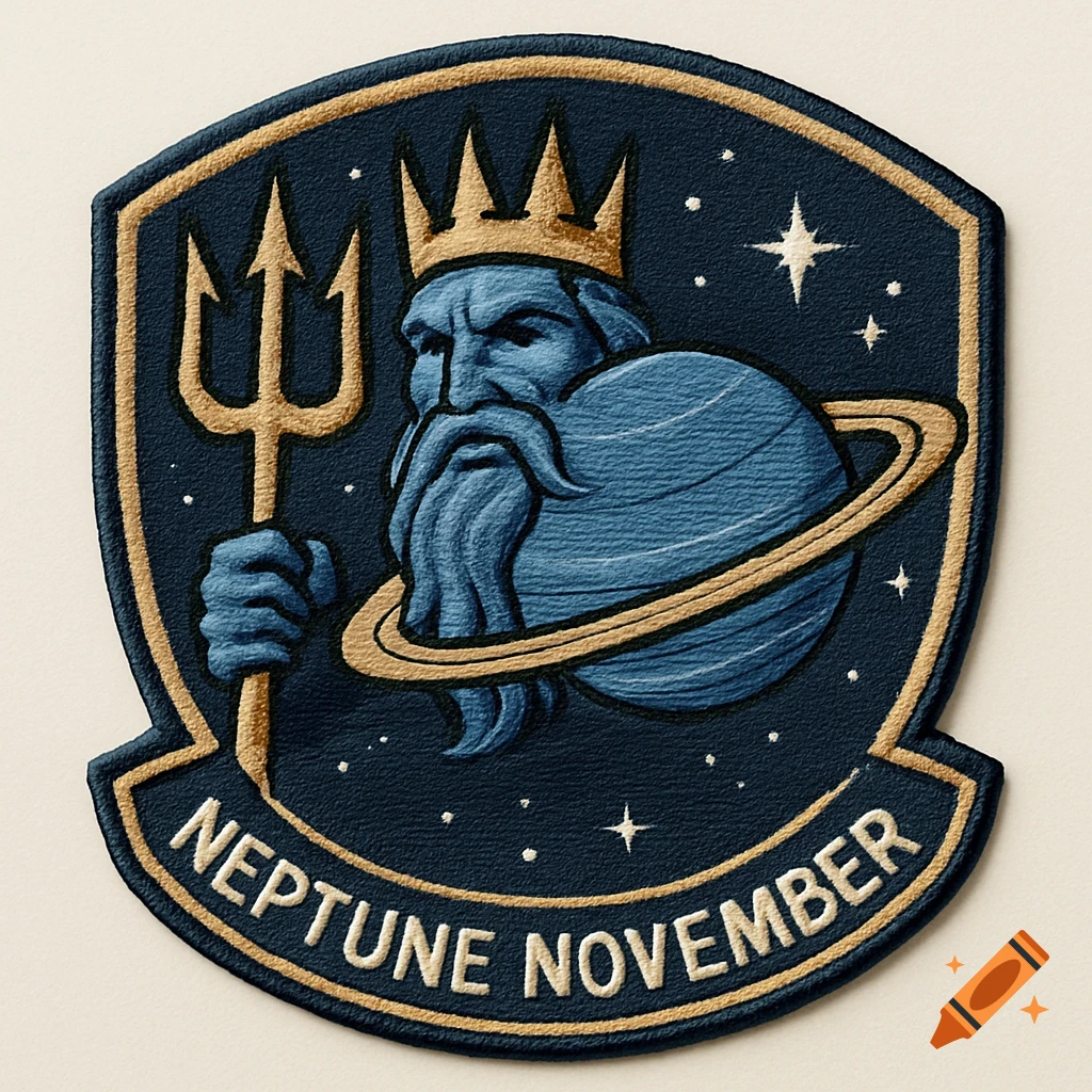 Stylized space force unit patch featuring a blue god-like figure with a trident, a ringed planet, stars, and text 'NEPTUNE NOVEMBER' on a dark background.