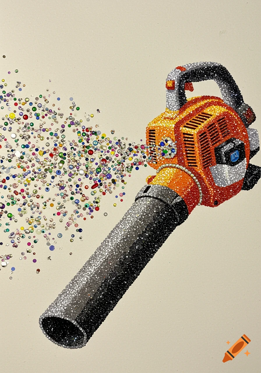 A bejeweled orange and silver leaf blower expels a colorful spray of small beads against a light background.