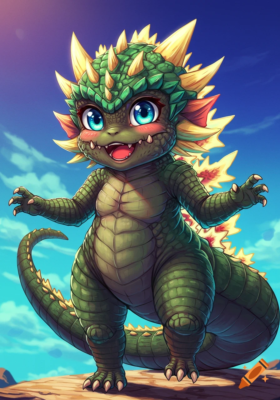 A cute, anime-style green kaiju monster with large blue eyes and yellow spikes stands under a blue sky.