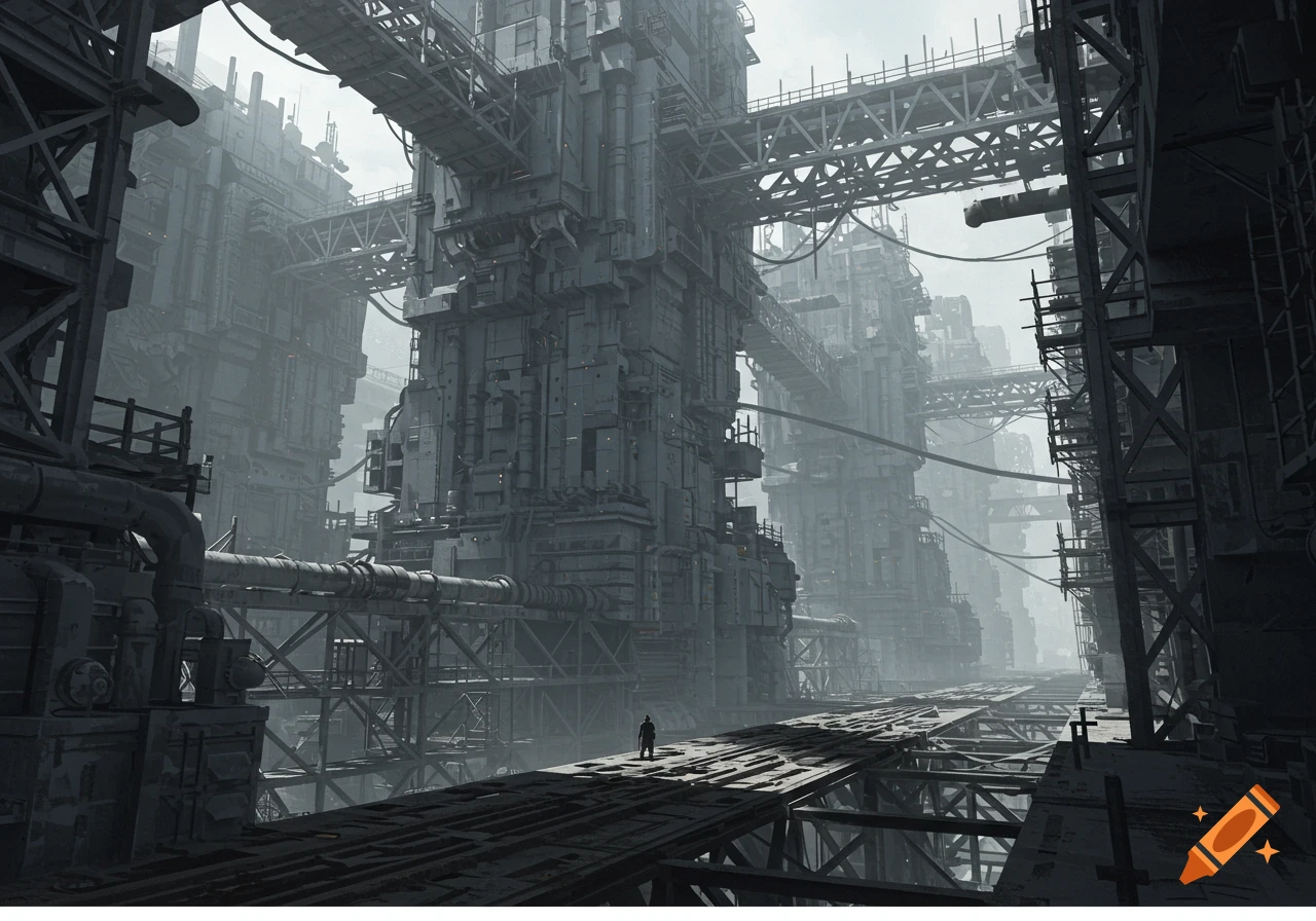 A lone figure stands on a walkway amidst a vast, grey, dieselpunk industrial city with towering structures, pipes, and bridges.