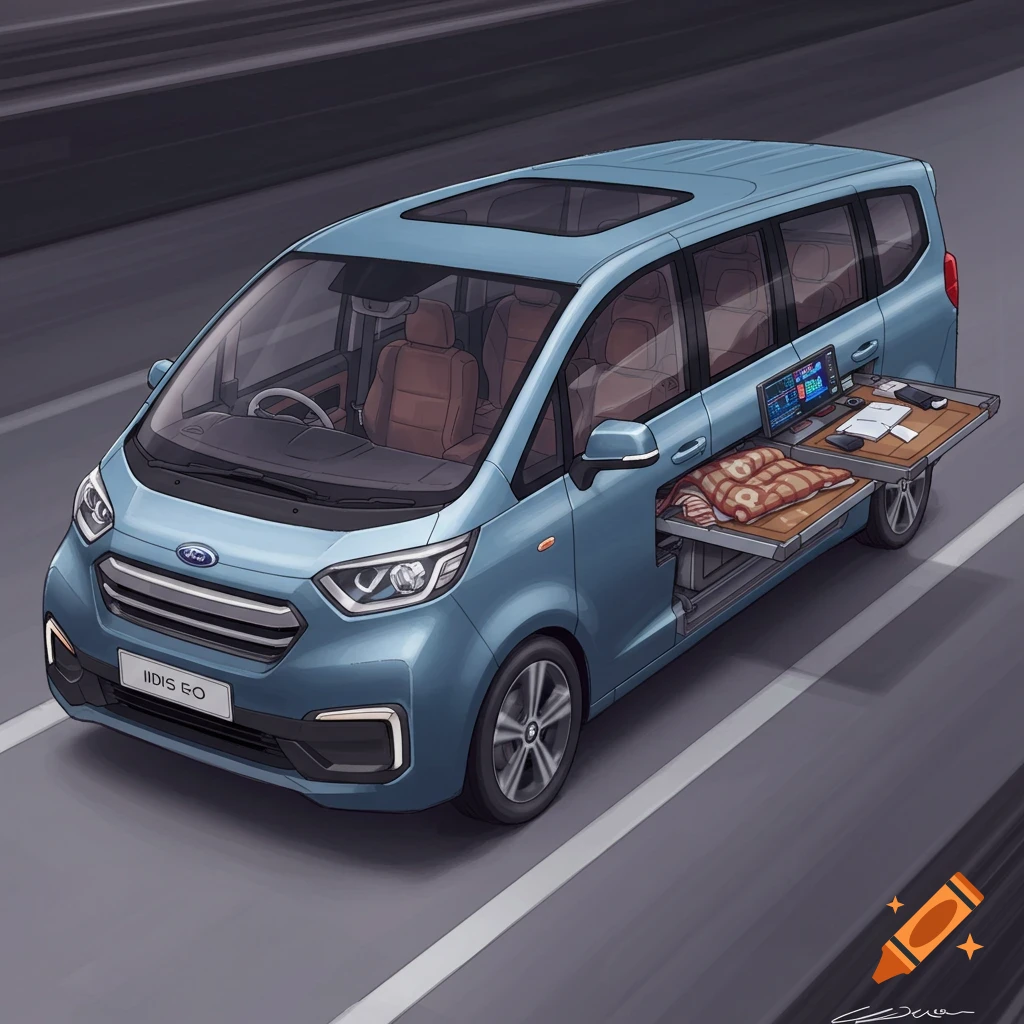 A light blue concept car with an open side revealing a bed and screen, driving on a road in an illustrative style.