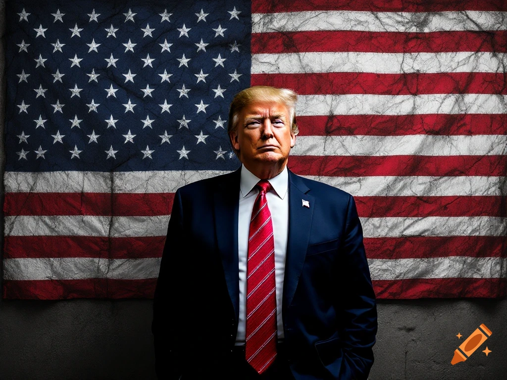 Photorealistic portrait of Donald Trump standing in front of a large, textured American flag.