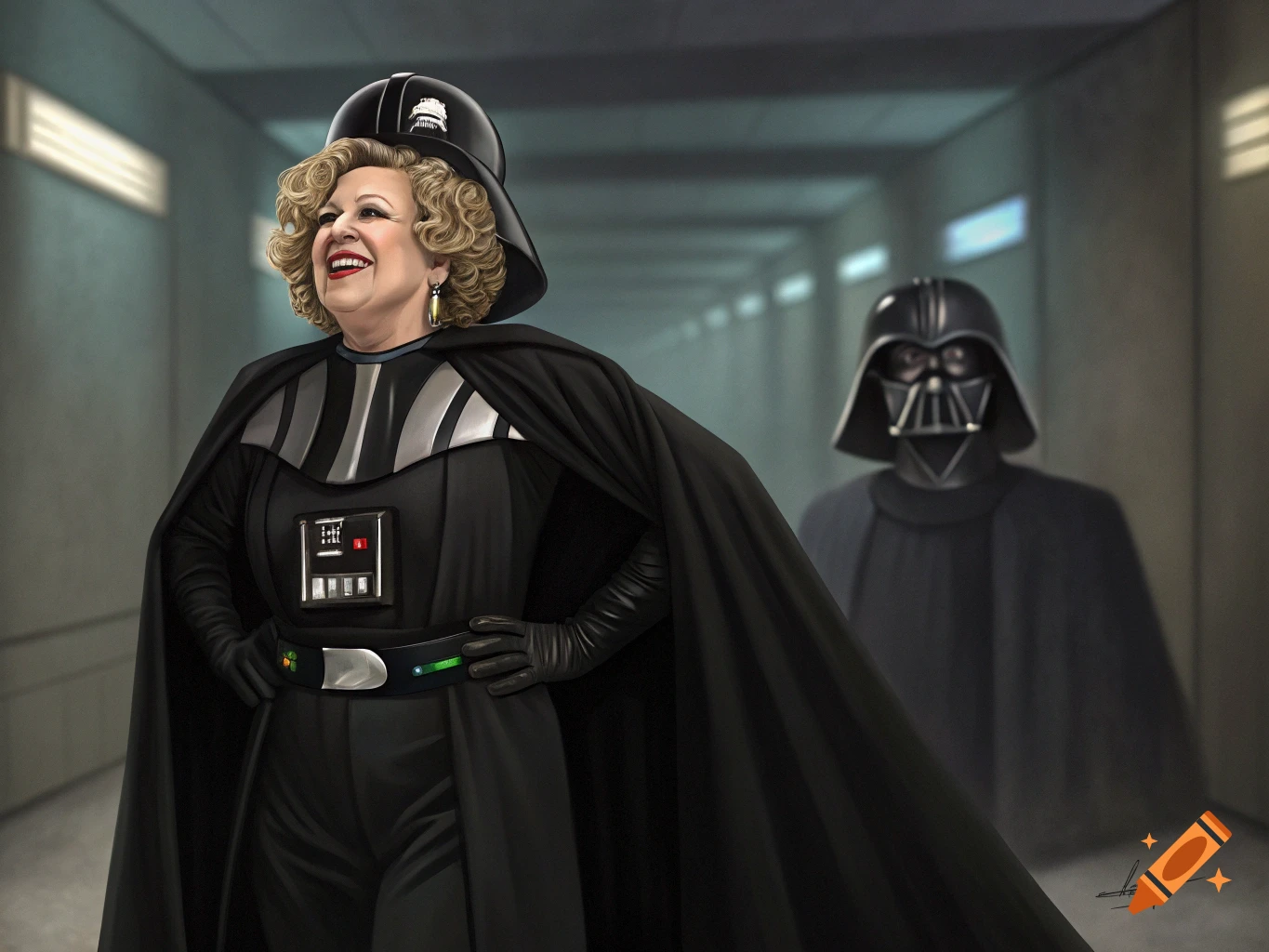 Bette Midler smiles wearing a Darth Vader suit with a helmet on her head, with another Darth Vader figure in the blurry background of a dark hallway.