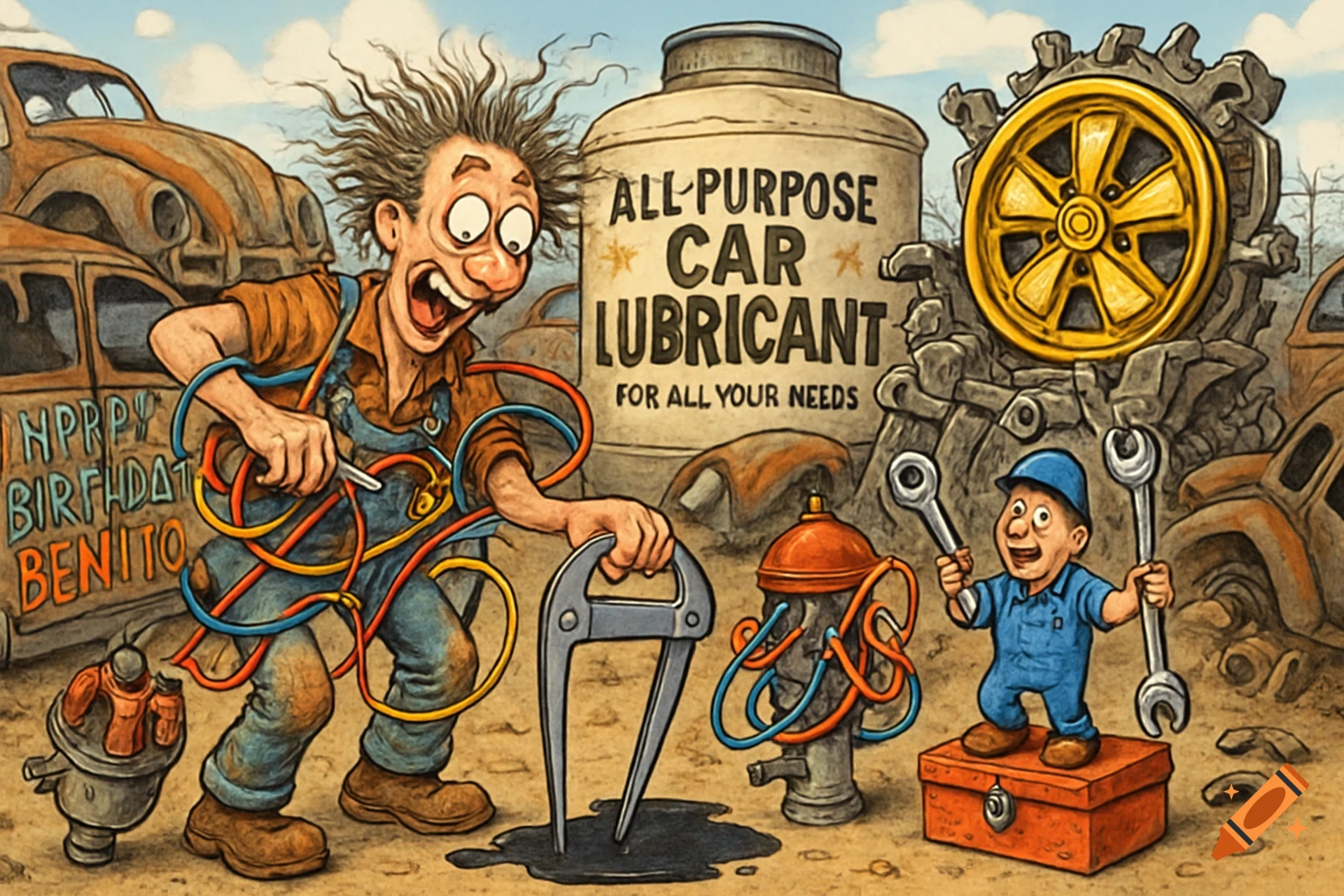 A goofy, wild-haired mechanic tangled in wires holds calipers in a cartoon junkyard with old cars and a giant lubricant can.