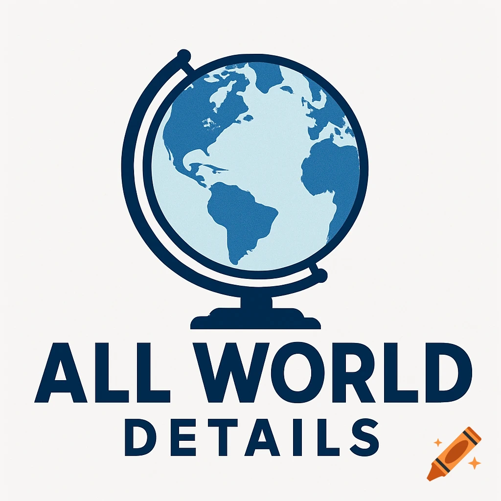 A blue and light blue globe illustration with the words 'ALL WORLD DETAILS' below it.
