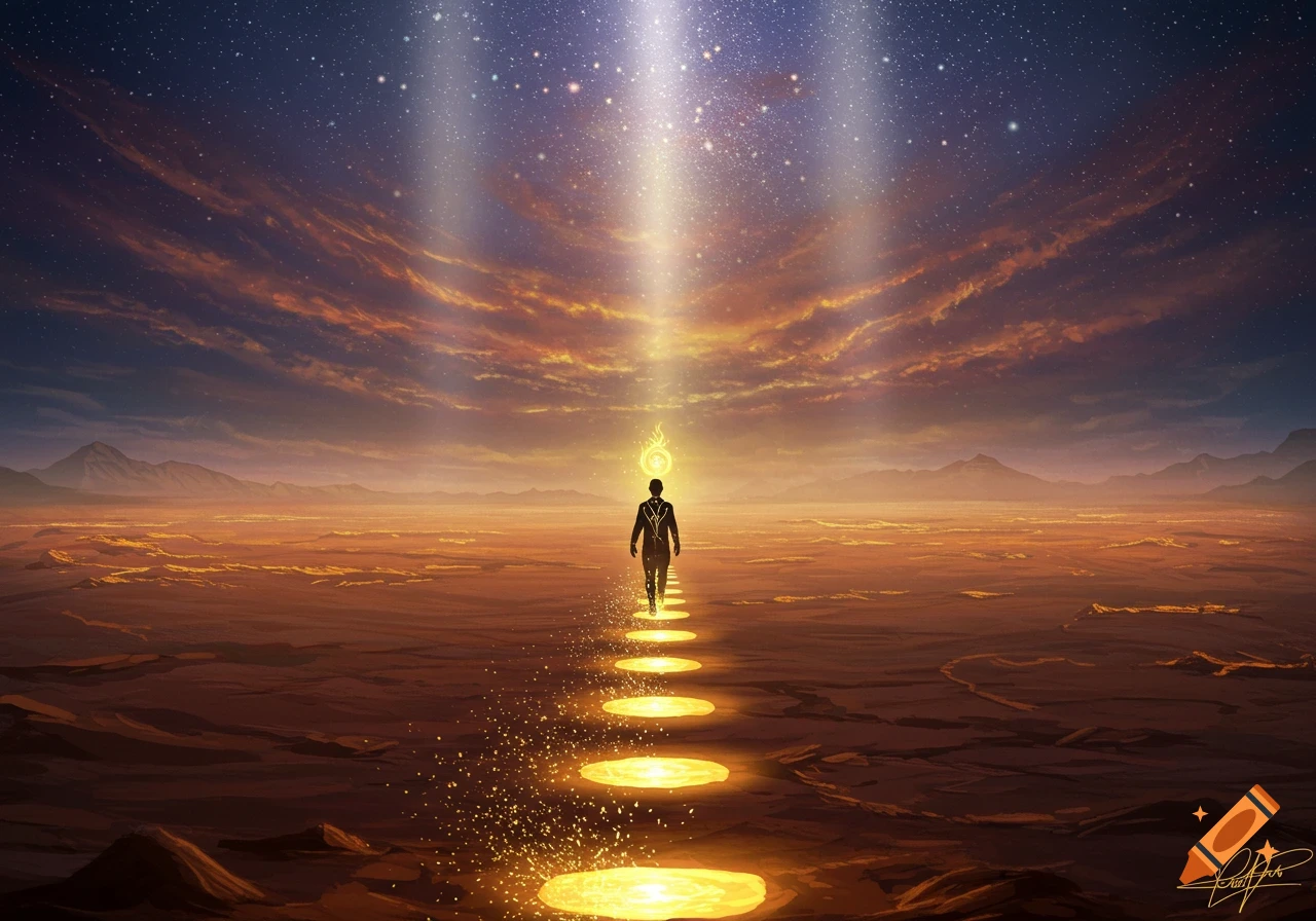 A lone figure walks on glowing stepping stones across a vast, barren landscape under a starry, cloudy sky with light beams from above.