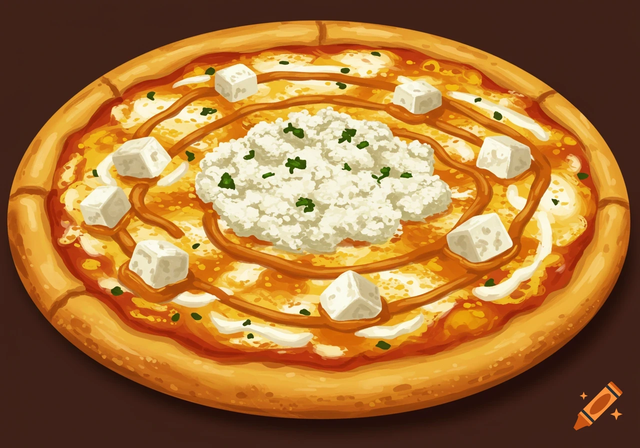 Overhead illustrative view of a pizza with a brown sauce, crumbled white paneer bhurji, and white paneer cubes.