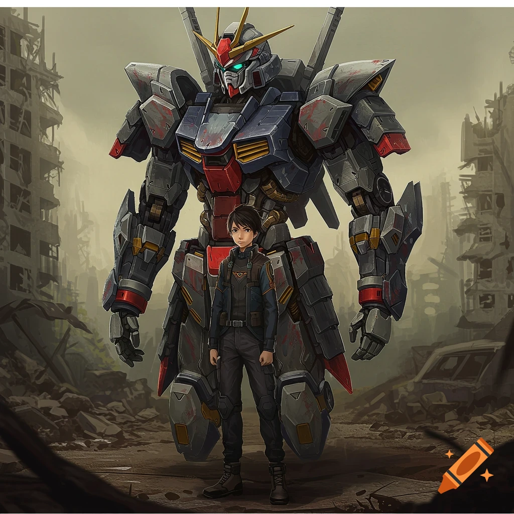 A young person stands before a large, detailed mecha robot in a ruined city, rendered in an anime art style.
