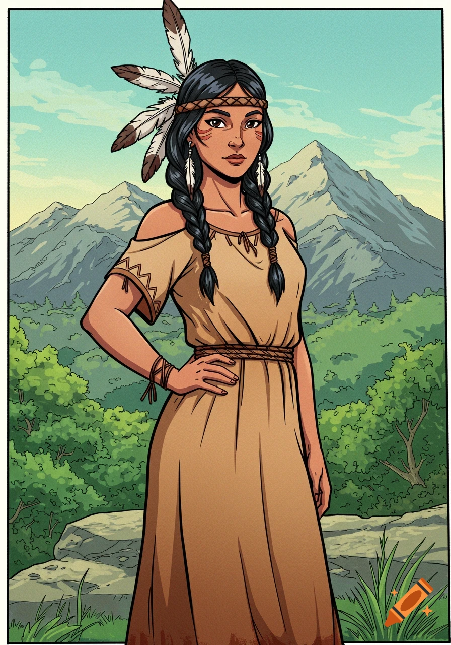 A comic-style illustration of a Native American woman in a simple dress, standing with her hand on her hip, mountains behind her.