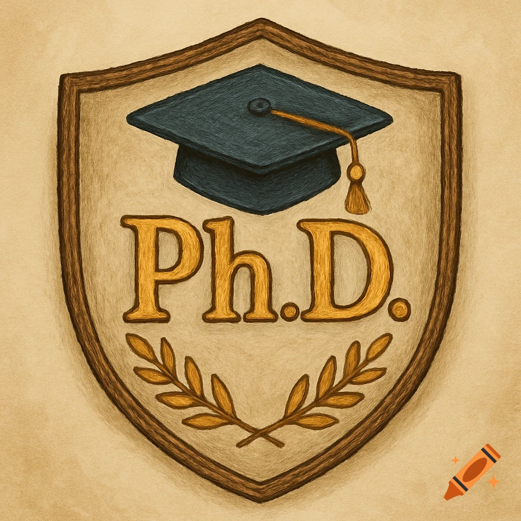 A vintage-style badge with a dark blue graduation cap, the golden letters "Ph.D." below it, and a golden laurel wreath at the bottom, all on a textured beige shield.